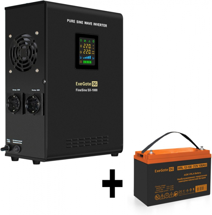Инвертор ExeGate FineSine SX-1000/HRL 12-100 (12В, 100Ач), 1000 ВА, 600 Вт, черный (EX296555RUS)