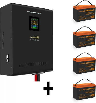 Инвертор ExeGate FineSine SX-7000/4 x HRL 12-100 (12В, 100Ач), 7000 ВА, 5 кВт, черный (EX296693RUS)
