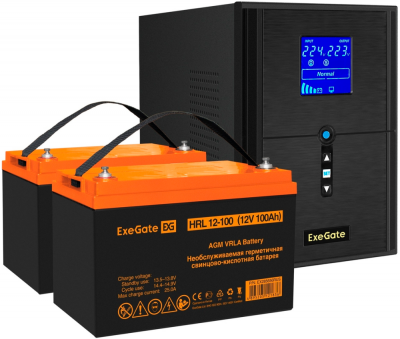 Инвертор ExeGate SineTower SZ-2000/2 x HRL 12-100 (12В, 100Ач), 2000 ВА, 1.6 кВт, черный (EX296851RUS)